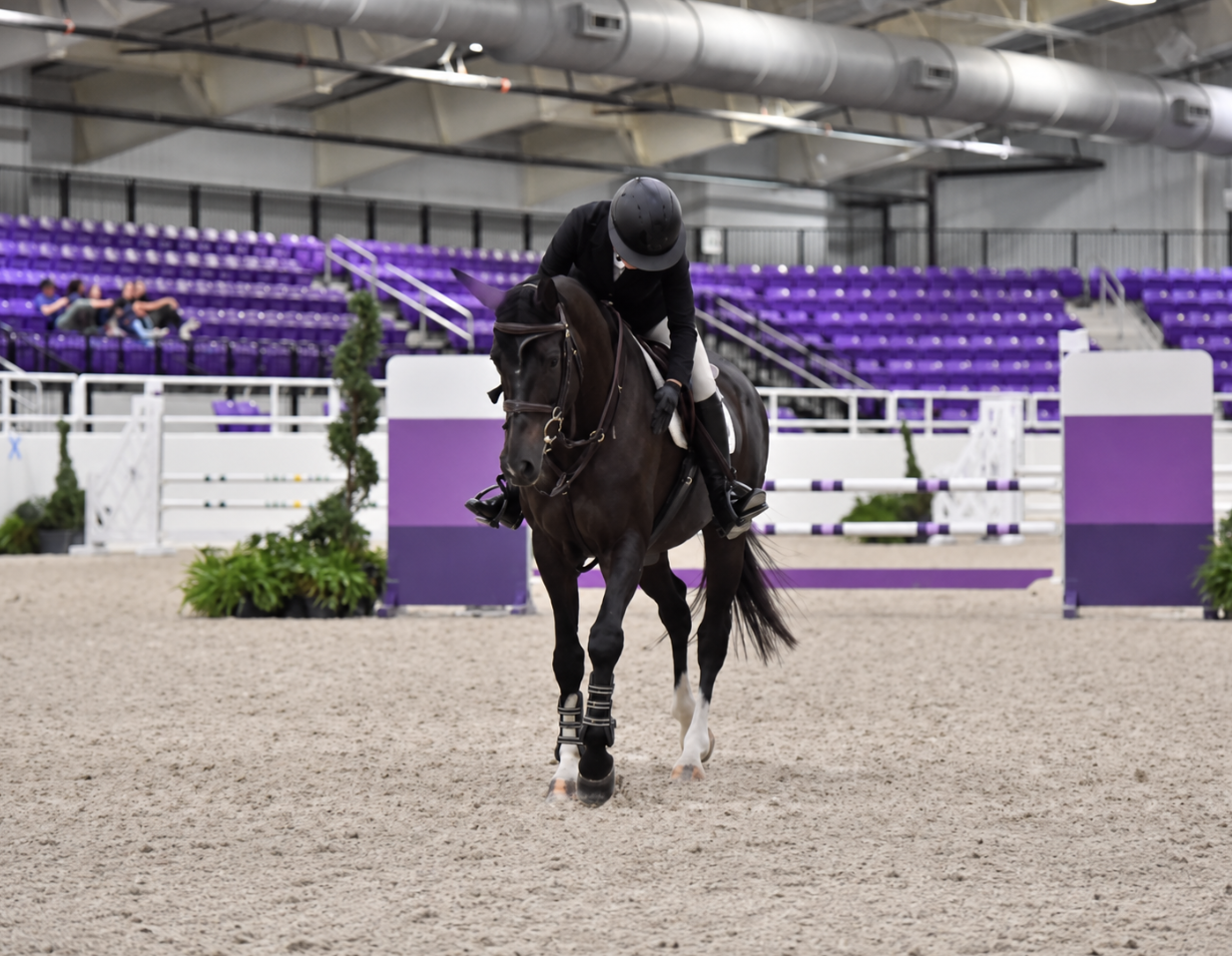 Caitlyn leaning down to pat her horse in an indoor arena