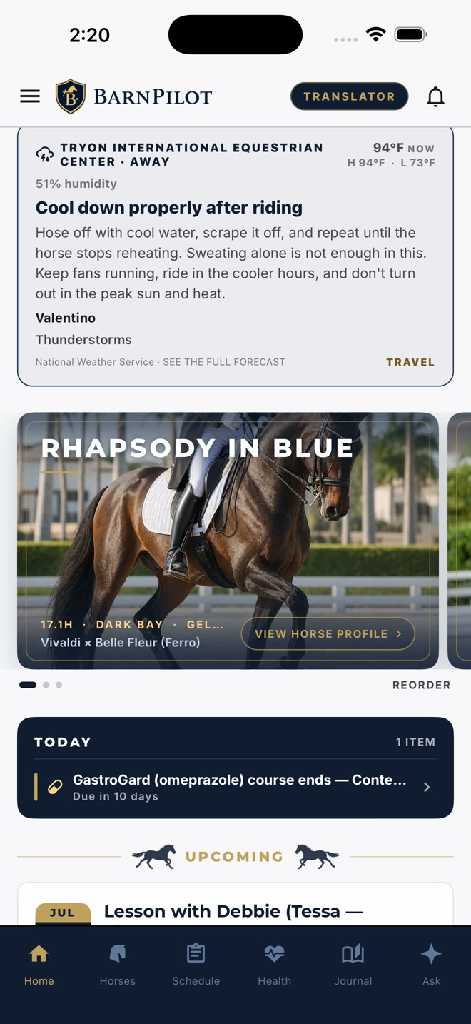 BarnPilot daily dashboard with horse information and upcoming tasks